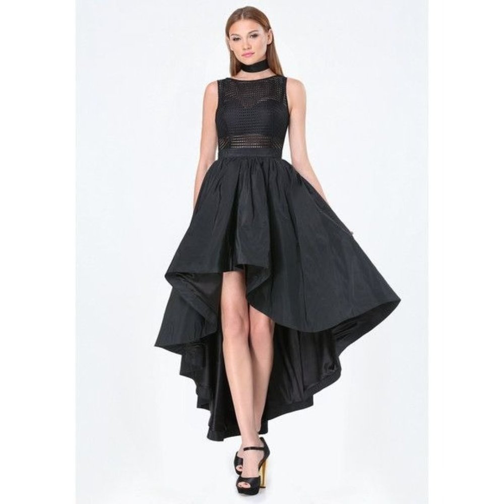 bebe Women's Black Nelly Geo Mesh Hi-lo Dress